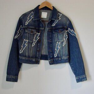 Sandro Denim Jean Jacket Pearl Embellished Lightning Bolt Size 42 FR or 10
